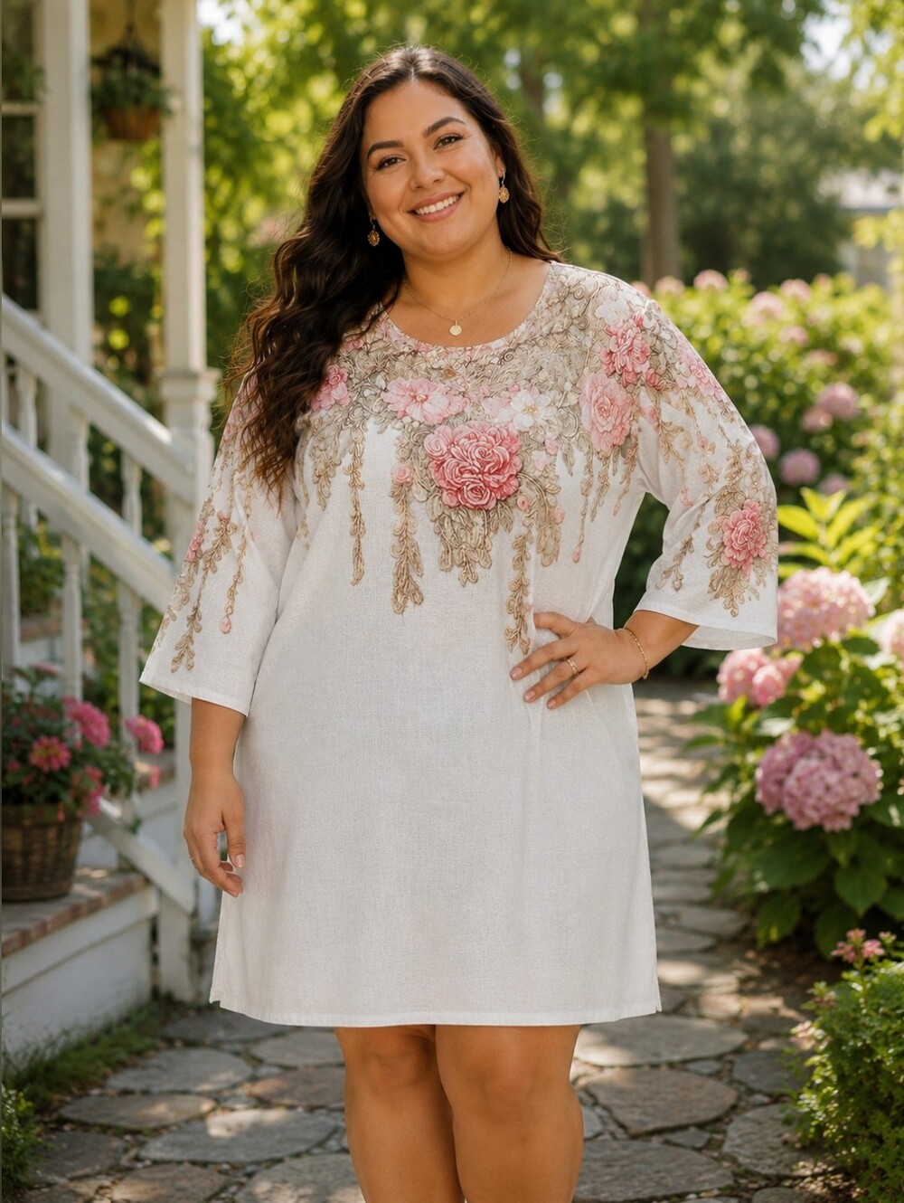 Women's XL Floral Tunic Dress White Pink Rose Print 3/4 Sleeve Cottagecore Boho